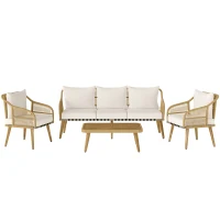 Outsunny Conjunto de Muebles de Exterior de 4 Piezas con Sofá Sillones y Mesa de Acacia con Cojines Gruesos y Ratán PE Natural(m-9)