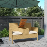 Outsunny Panca da Giardino con Tavolino a Ribalta Portaoggetti, in Rattan e Acciaio, 134x58x82 cm, Crema e Cachi(m-9)