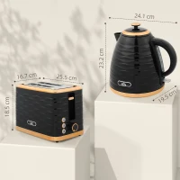 HOMCOM 3000W 1.7L Rapid Boil Kettle & 2 Slice Toaster, Kettle and Toaster Set with 7 Browning Controls and Crumb Tray, Black(m-3)