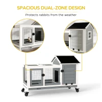 PawHut Wooden Rabbit Hutch, Guinea Pig Cage, with Removable Tray, Wheels - Grey(m-8)