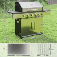 Outsunny Gasbarbecue 8500BTU Rolwagen met 6 RVS Branders, Thermometer, Drukregelaar, 141 x 55 x 110 cm Zilver(m-3)