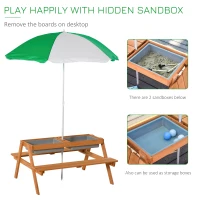 Outsunny Kids Picnic Table with Benches, Wooden Sand and Water Table, Adjustable Parasol, Storage Bins, for Kids 3-6 Years, Brown(m-6)
