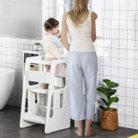 HOMCOM Torre de Aprendizaje para Niños Taburete Infantil con Altura Ajustable en 3 Posiciones y Plataforma Antideslizante para Cocina Comedor Baño 47x47x90 cm Blanco(m-2)