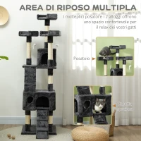 PawHut Albero Tiragraffi per Gatti con 3 Posatoi, 2 Casette e Giochi Appesi, in Legno e Peluche, 49x49x173 cm, Grigio(m-6)