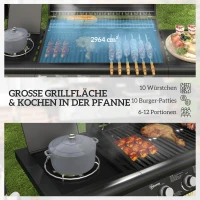 Outsunny Fahrbarer Gasgrill mit Stauraum, Seitentisch, Seitenbrenner, Warmhalterost, Thermometer, Edelstahl, Schwarz(m-4)