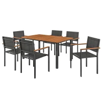 Outsunny Set de Grădină din 7 Piese cu Masă și 6 Scaune Stivuibile cu Brațe, 150x90x75 cm, Lemn Natural(m-11)