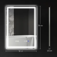 HOMCOM 50 x 70 cm Anti-Fog LED Bathroom Mirror, with Bluetooth and Clock - Silver Tone(m-3)