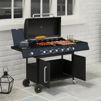 Outsunny Mobiele Gasbarbecue met Opbergruimte, Zijtafel, Zijbrander, Warmhoudrek, Thermometer, Roestvrijstaal, Zwart(m-10)