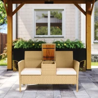 Outsunny Panca da Giardino con Tavolino a Ribalta Portaoggetti, in Rattan e Acciaio, 134x58x82 cm, Crema e Cachi(m-8)
