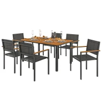 Outsunny Set de Grădină din 7 Piese cu Masă și 6 Scaune Stivuibile cu Brațe, 150x90x75 cm, Lemn Natural(m-1)