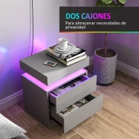 HOMCOM Mesilla de Noche con Luces LED 2 Cajones y Control Remoto Mesa de Noche para Dormitorio Salón 45x35x52 cm Gris(m-6)