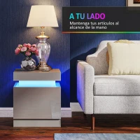 HOMCOM Mesilla de Noche con Luces LED 2 Cajones y Control Remoto Mesa de Noche para Dormitorio Salón 45x35x52 cm Gris(m-5)