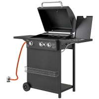 Outsunny Barbacoa de Gas con 3 Quemadores Parrilla para 5-9 Personas Quemador Lateral Termómetro y Ruedas 123x57x98 cm Negro(m-11)