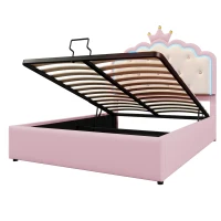 Lit rembourré 140 x 200 cm avec sommier à lattes, forme de couronne, espace de rangement hydraulique, sans matelas, Rose(m-9)