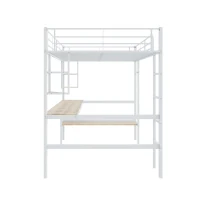 Letto a soppalco 140x200 cm in metallo con scrivania e scaffali, senza materasso, Bianco(m-8)