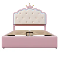 Lit rembourré 140 x 200 cm avec sommier à lattes, forme de couronne, espace de rangement hydraulique, sans matelas, Rose(m-2)