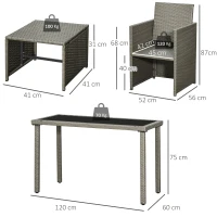 Outsunny 2 Seater Rattan Cube Garden Furniture Set, Rattan Dining Set with Cushions, Outdoor Dining Table and Chairs with 2 Armchairs, 2 Stools, Rectangular Glass Top Table for Patio, Balcony, Grey(m-3)