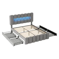 Doppelbett Polsterbett 160x200 mit Schubladen Samtoptik LED-Lichtleiste Grau(m-10)