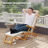 Outsunny Chaise longue pliante bain de soleil avec coussin en bois d'acacia, repose-pieds, 160 kg 155 x 54 x 86 cm blanc(m-4)