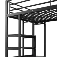 Lit mezzanine avec bureau 90×200 cm, armoire de rangement ouverte, avec garde-corps & échelle, sans matelas, Noir(m-7)