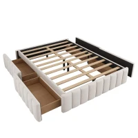 Letto imbottito con rete a doghe 140x200 cm, design minimalista, senza testiera, 4 cassetti contenitori, senza materasso, Beige(m-8)