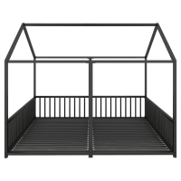 Cama infantil de metal 90×200 cm, diseño doble con modelado en forma de casa y barandilla de seguridad, sin colchón, Negro