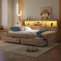 Letto da giorno 90×200 cm, con due cassetti e rete a doghe, senza materasso, Naturale(m-4)