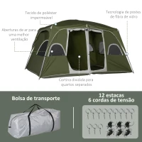 Outsunny Tenda de Campismo Familiar para 4-5 Pessoas com 2 Quartos 2 Bolsos e Janelas com Malha Impermeável 400x275x210 cm Verde(m-8)