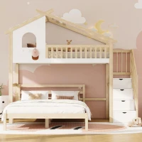 Letto a soppalco 90×200 cm con scaletta contenitore per bambini, senza materasso, Legno naturale e Bianco(m-4)