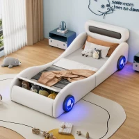 Lit rembourré design voiture 90x200 cm, lit pour enfants avec roues lumineuses et espace de rangement, sans matelas, Blanc(m-5)