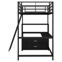 Letto a soppalco con struttura in ferro 90×200 cm, con scrivania a forma di L e cassetti, senza materasso, Nero(m-8)