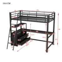 Letto a soppalco con struttura in ferro 90×200 cm, con scrivania a forma di L e cassetti, senza materasso, Nero(m-3)