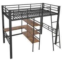 Lit mezzanine avec bureau, étagères, garde-corps et échelle en métal, 90×200 cm, sans matelas, Noir(m-11)