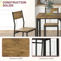 HOMCOM Ensemble table à manger avec 2 chaises encastrables, pour cuisine salon maison, rustique(m-5)