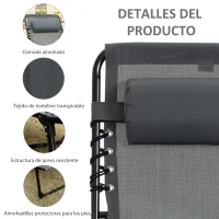 Outsunny Conjunto de 2 Tumbonas Plegables con Respaldo Ajustable Reposacabezas y Estructura de Acero 185x58x30 cm Gris(m-5)