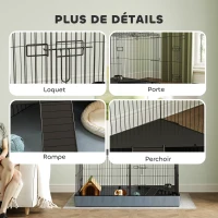 PawHut Cage pour petits animaux 2 en 1 avec dessus amovible enclos lapin 2 zones séparées rampe 121 x 61 x 61 cm en acier noir(m-7)