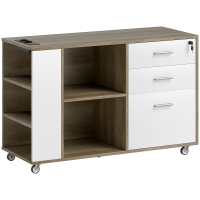 HOMCOM Mueble Archivador con Ruedas 3 Cajones Estación de Carga Cerradura y Estantes 100x40x65,5 cm Marrón Grisáceo