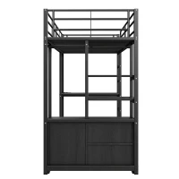 Lit mezzanine avec bureau 90×200 cm, armoire de rangement ouverte, avec garde-corps & échelle, sans matelas, Noir(m-11)
