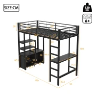 Lit mezzanine avec bureau 90×200 cm, armoire de rangement ouverte, avec garde-corps & échelle, sans matelas, Noir(m-3)