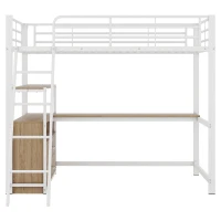 Letto a soppalco con struttura in ferro 90×200 cm, con scrivania a forma di L e cassetti, senza materasso, Bianco(m-2)