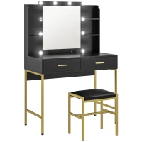 HOMCOM Coiffeuse avec miroir et éclairage intégré, tabouret rembourré, 2 tiroirs, étagères, coiffeuse moderne, noir(m-11)