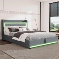 Lit plat 140×200 cm avec dispositif de levage hydraulique，grand espace de rangement, sans matelas, Gris(m-4)