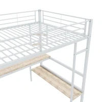 Letto a soppalco 140x200 cm in metallo con scrivania e scaffali, senza materasso, Bianco(m-6)