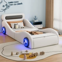 Lit rembourré design voiture 90x200 cm, lit pour enfants avec roues lumineuses et espace de rangement, sans matelas, Blanc(m-1)