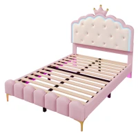 Lit rembourré 140x200 cm avec sommier à lattes, éclairage d'ambiance et forme de princesse, sans matelas, Rose(m-9)