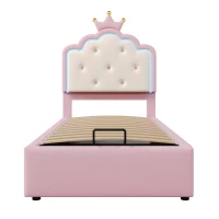 Lit rembourré 90x200 cm avec sommier à lattes, forme de princesse héritière, espace de rangement hydraulique,sans matelas, Rose(m-2)