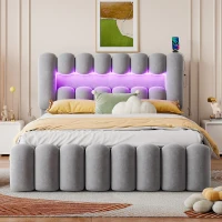 Doppelbett Polsterbett 160x200 mit Schubladen Samtoptik LED-Lichtleiste Grau(m-4)