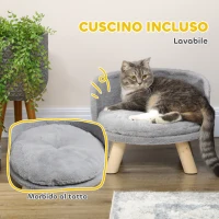 PawHut Divano per Gatti e Cani Rotondo in Peluche e Legno con Cuscino Extra, Ø40.5x33 cm, Grigio(m-5)