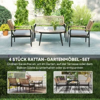 Outsunny Gartenmöbel Set aus Polyrattan Lounge-Set mit 2er Sofa Sessel Glastisch Kissen für 4 Personen Dunkelgrau+Gelb(m-4)