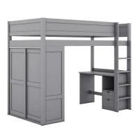 Lit mezzanine 90x200 cm pour enfants, avec armoire, bureau et tiroirs, sans matelas, Gris(m-6)